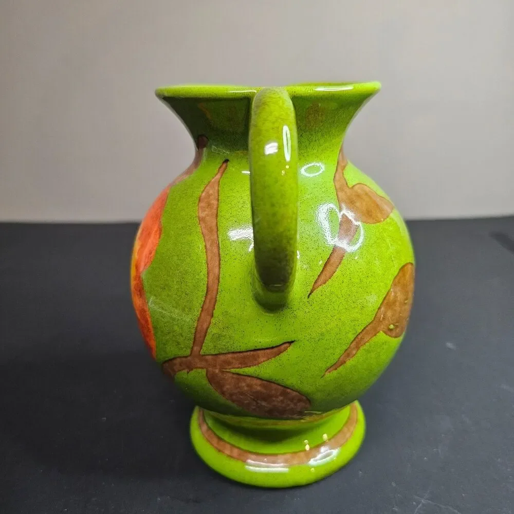 Vtg Rosenthal Netter Italy MCM 1960s Terra Cotta Green Floral Pitcher Handmade